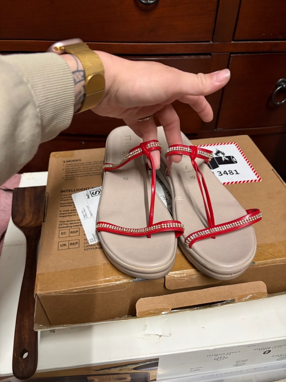 Italian Shoemakers Red Rhinestone T-Strap Sandals